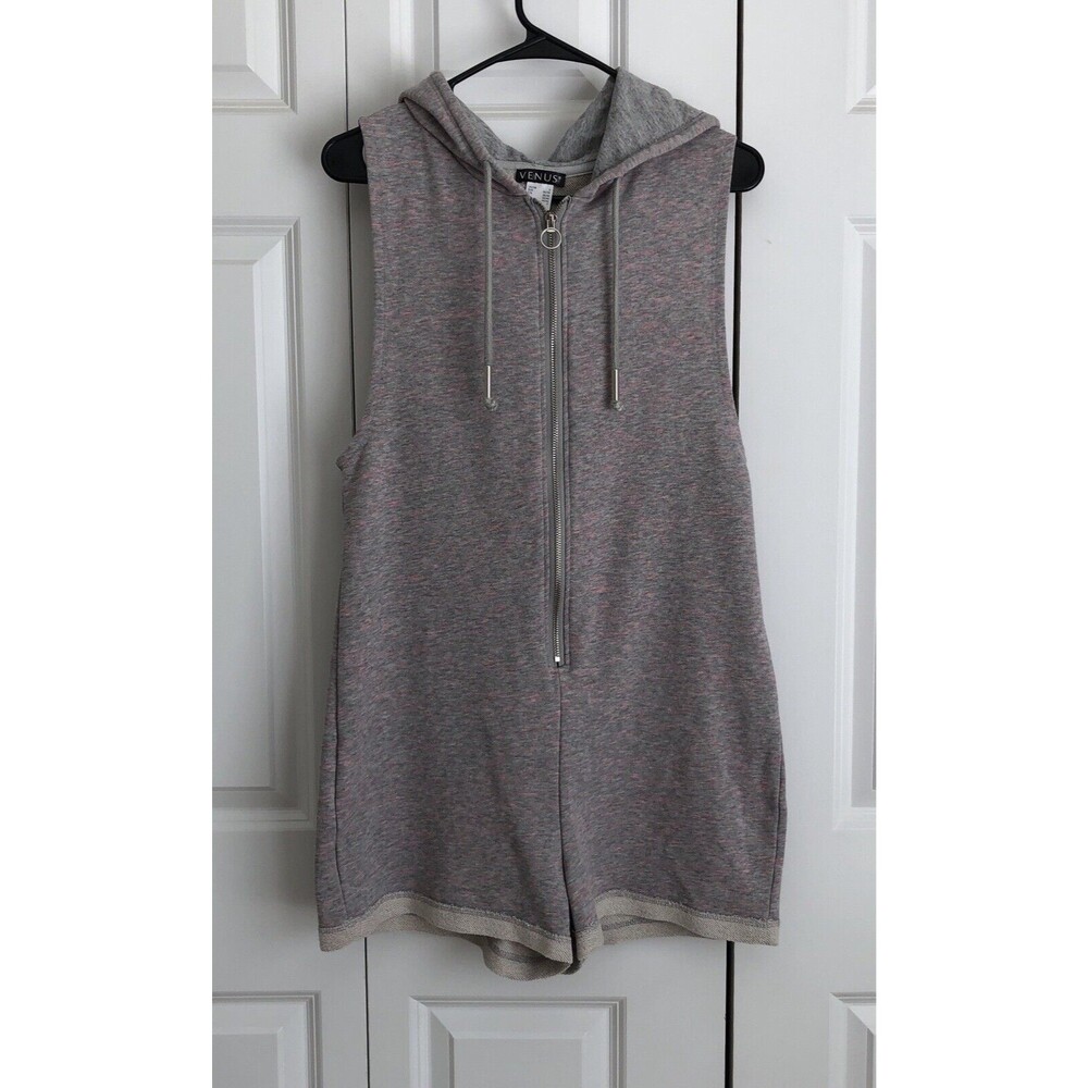 VENUS WOMENS SIZE SMALL ROMPER SHORT JUMP SUIT GRAY/PINK SLEVELESS HOODI WG